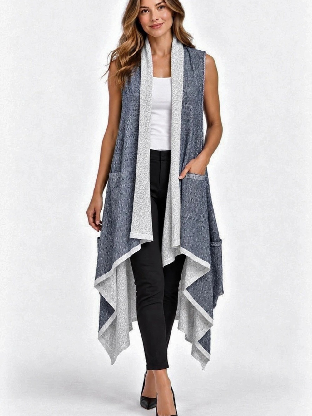 Sarah Sue Gray Herringbone Waterfall Longline Knit Vest with Pockets